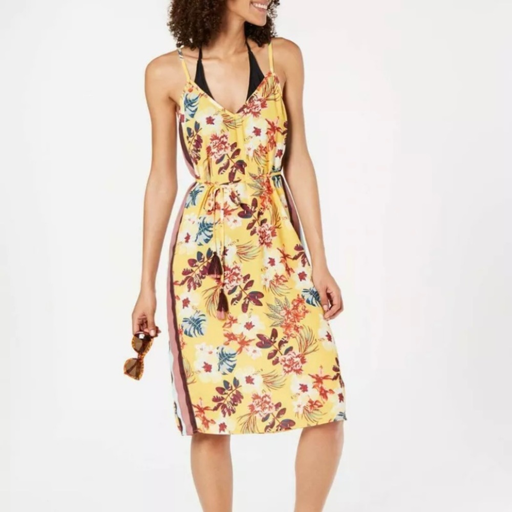 Miken Swim Cover Up Midi Dress Floral Print Side Stripe Tassel Tie Belt NEW XS